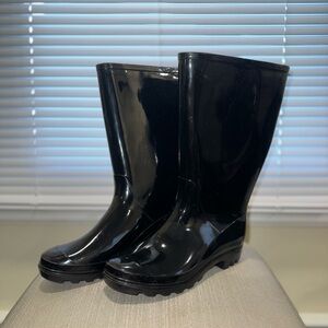 Black mid-calf Rain boots with slight wedge and rounded front